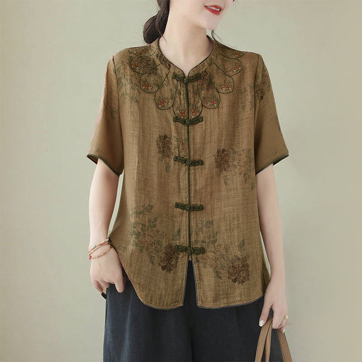 Buddha Stones Purple Flower Print Frog-Button Design Shirt - US16,UK/AU20,EU48 (3XL) - image 1