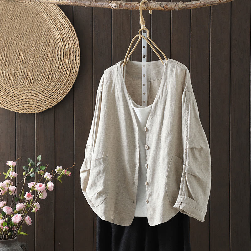 Buddha Stones Pure Color V-neck Women's Cotton Jacket With Pockets - Beige - US14,UK/AU18,EU46 (2XL) - image 1