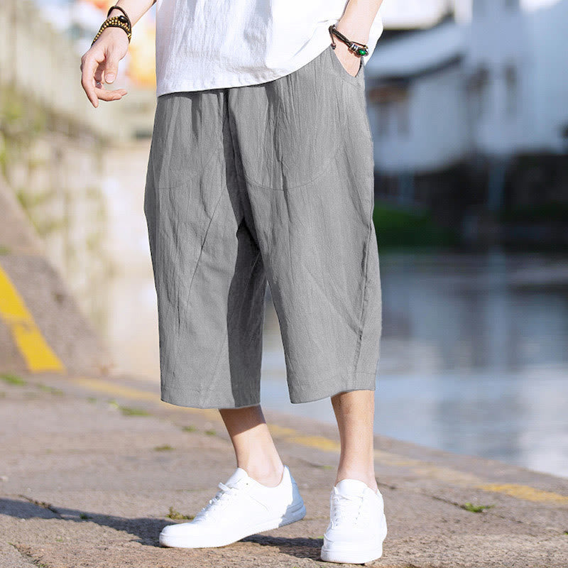 Buddha Stones Summer Plain Pleat Design Drawstring Men's 7-8 Length Cotton Linen Pants With Pockets - Gray - US/UK/AU46,EU56 (5XL) - image 1