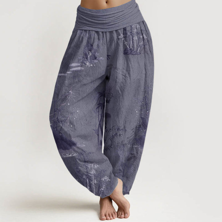 Buddha Stones Pure Cotton Casual Bamboo Rock Ink Painting Women's Elastic Waist Harem Pants - SlateGray - US22,UK/AU26,EU54 (6XL) - image 1