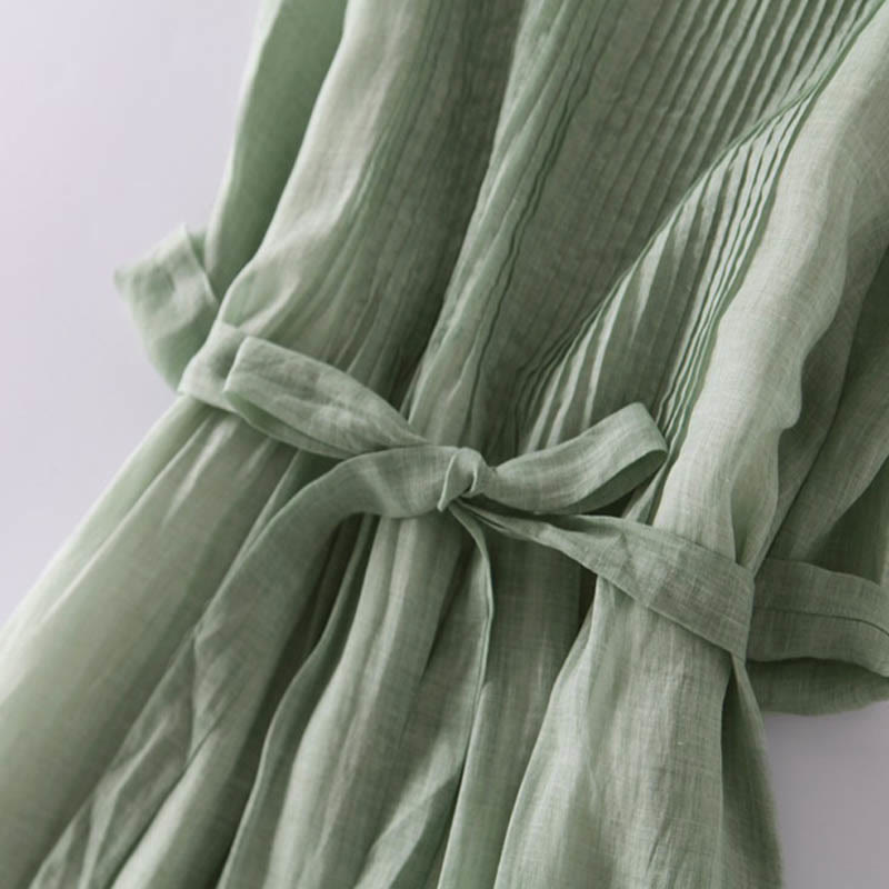 Buddha Stones Casual Lace-up Plain Crew Neck Half Sleeve Cotton Midi Dress With Pockets - image 23