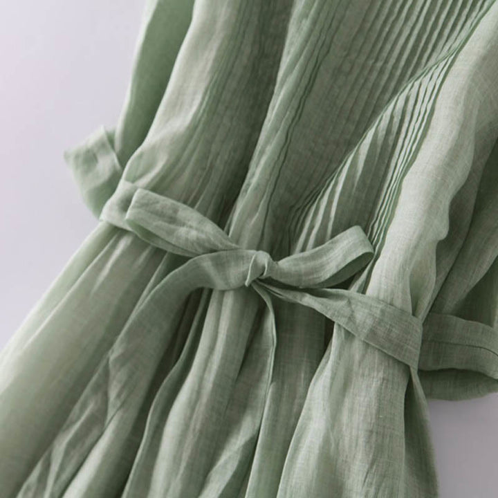 Buddha Stones Casual Lace-up Plain Crew Neck Half Sleeve Cotton Midi Dress With Pockets - image 23