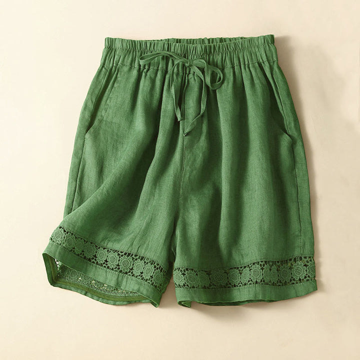 Buddha Stones Plain Color Bottom Hollow Lace Design Lace-up Cotton Women's Shorts With Pockets - Green - US12,UK/AU16,EU44 (3XL) - image 29