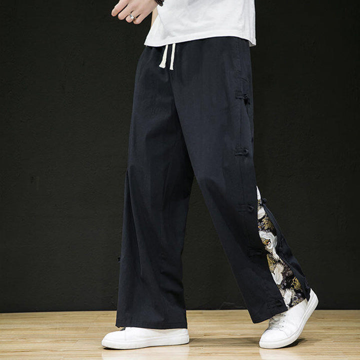 Buddha Stones Casual Patchwork Crane Pattern Frog-Button Design Men's Wide Leg Pants With Pockets - Black - US/UK/AU46,EU56 (5XL) - image 1