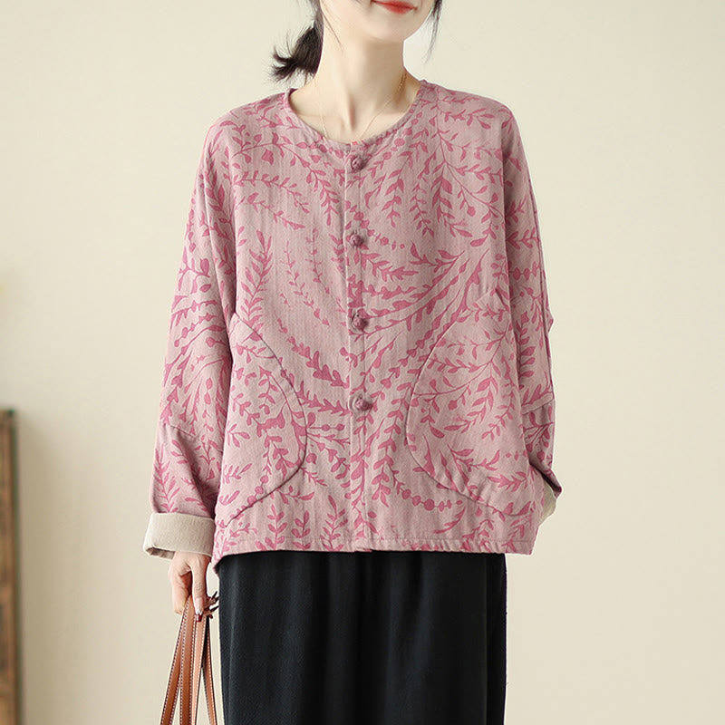 Buddha Stones Leaf Print Women's Cotton Linen Jacket With Pockets - PaleVioletRed - US14,UK/AU18,EU46 (2XL) - image 7