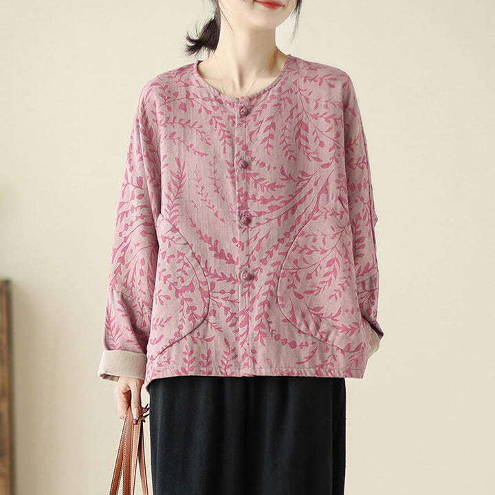 Buddha Stones Leaf Print Women's Cotton Linen Jacket With Pockets - PaleVioletRed - US14,UK/AU18,EU46 (2XL) - image 7