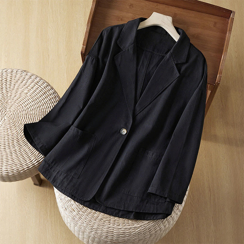 Buddha Stones Plain Button Women's Cotton Suit Jacket With Pockets - Black - US12,UK/AU16,EU44 (XL) - image 9
