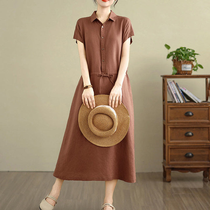 Buddha Stones Summer Plain Short Sleeve Drawstring Cotton Linen Midi Dress With Pockets - Sienna - US8-10,UK/AU12-14,EU40-42 (2XL) - image 0