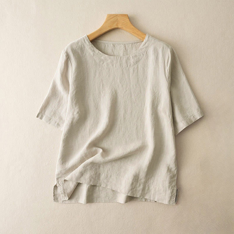 Buddha Stones Simple Plain Short Sleeve Crew Neck Side Slit Cotton Women's T-Shirt - Beige - US12,UK/AU16,EU44 (3XL) - image 6