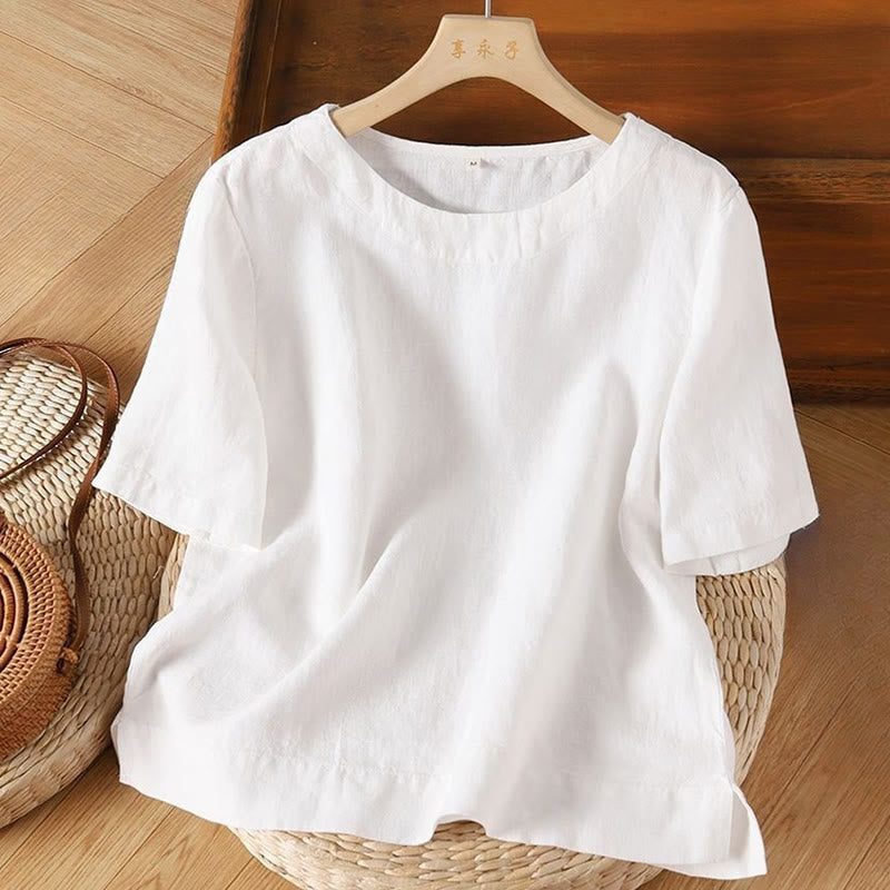 Buddha Stones Simple Plain Short Sleeve Crew Neck Side Slit Cotton Women's T-Shirt - White - US12,UK/AU16,EU44 (3XL) - image 5