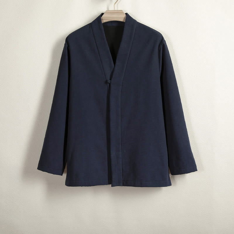 Buddha Stones Men's Long Sleeve Frog-Button Open Front Fleece-Lined Cotton Linen Jacket Kimono - MidnightBlue - US/UK/AU44,EU54 (4XL) - image 1