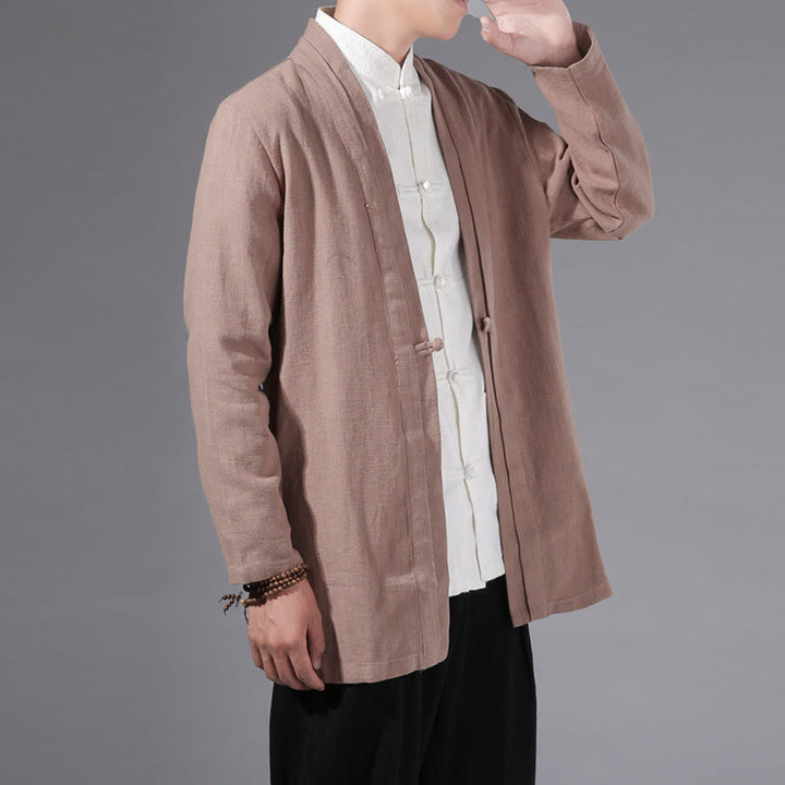 Buddha Stones Plain Simple Design Open Front Cotton Linen Men's Long Sleeve Jacket Kimono - Wheat - US/UK/AU42,EU52 (3XL) - image 21