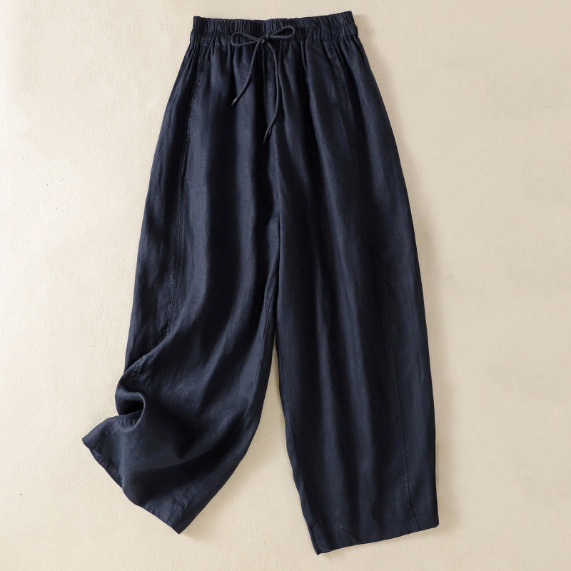 Buddha Stones Commute Plain Design Drawstring Cotton Linen Women's Wide Leg Pants With Pockets - MidnightBlue - US8-10,UK/AU12-14,EU40-42 (2XL) - image 14
