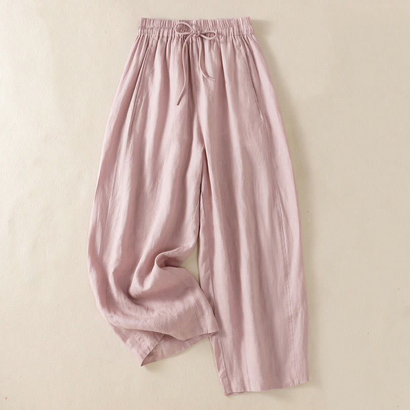 Buddha Stones Commute Plain Design Drawstring Cotton Linen Women's Wide Leg Pants With Pockets - LightPink - US8-10,UK/AU12-14,EU40-42 (2XL) - image 20