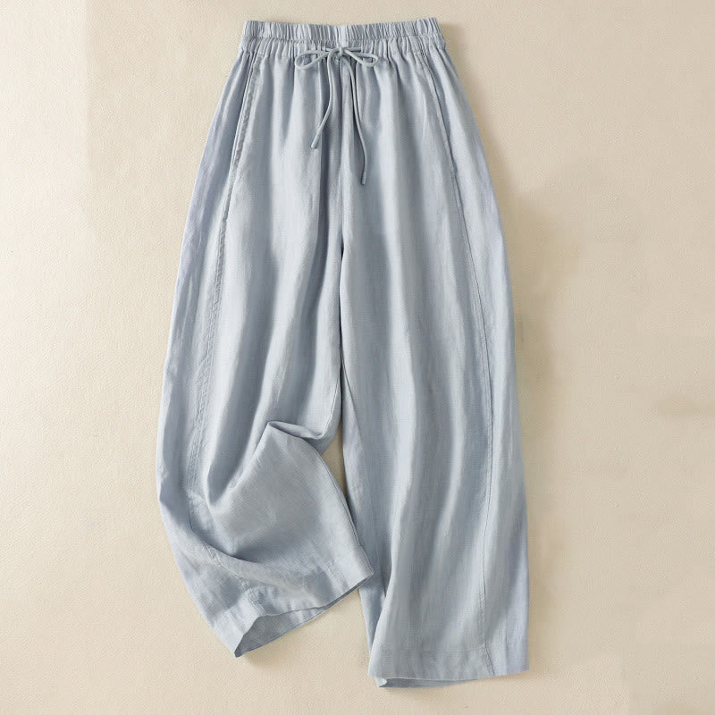 Buddha Stones Commute Plain Design Drawstring Cotton Linen Women's Wide Leg Pants With Pockets - LightSteelBlue - US8-10,UK/AU12-14,EU40-42 (2XL) - image 1