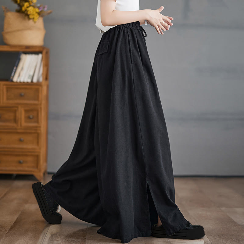 Buddha Stones Retro Leg Opening Slit Design Cotton Women's Wide Leg Pants With Pockets - Black - US12,UK/AU16,EU44 (3XL) - image 11