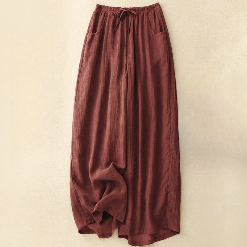 Buddha Stones Spring Pure Color Drawstring Double Layer Women's Wide Leg Pants With Pockets - FireBrick - US8-10,UK/AU12-14,EU40-42 (2XL) - image 1