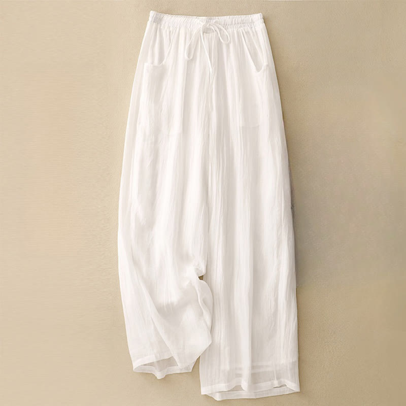Buddha Stones Spring Pure Color Drawstring Double Layer Women's Wide Leg Pants With Pockets - White - US8-10,UK/AU12-14,EU40-42 (2XL) - image 8