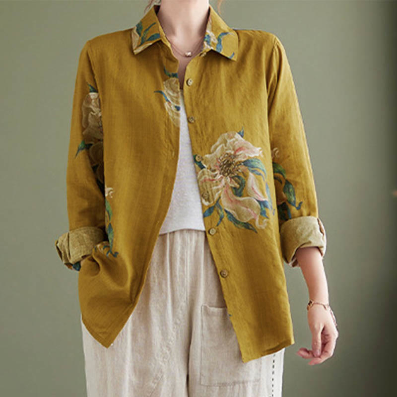 Buddha Stones Literary Artistic Flower Print Cotton Clothing - DarkGoldenrod - US8-10,UK/AU12-14,EU40-42 (2XL) - image 1