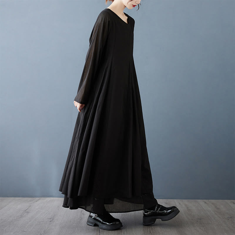 Buddha Stones Spring Double Layer Design Cotton Long Sleeve Women's Midi Dress - Black - US12,UK/AU16,EU44 (2XL) - image 4