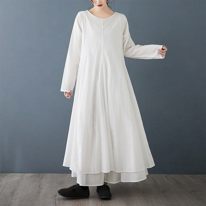 Buddha Stones Spring Double Layer Design Cotton Long Sleeve Women's Midi Dress - White - US12,UK/AU16,EU44 (2XL) - image 1