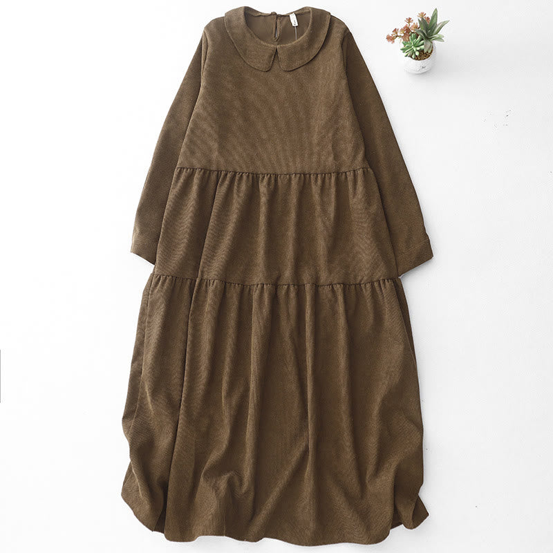 Buddha Stones Button Design Cotton Corduroy Peter Pan Collar Long Sleeve Midi Dress With Pockets - SaddleBrown - US8-10,UK/AU12-14,EU40-42 (2XL) - image 1