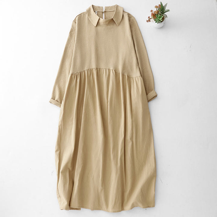 Buddha Stones Spring Plain Lapel Long Sleeve Cotton Linen Midi Dress With Pockets - PaleGoldenrod - US8-10,UK/AU12-14,EU40-42 (2XL) - image 8