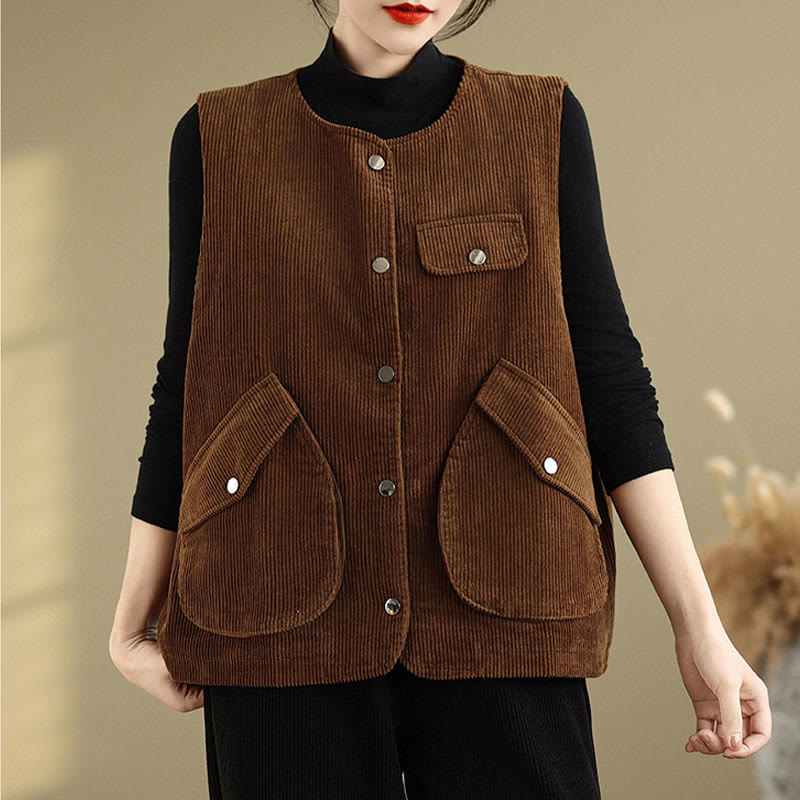 Buddha Stones Sleeveless Buttons Women's Cotton Vest Corduroy Waistcoat With Pockets - Maroon - US14,UK/AU18,EU46 (2XL) - image 10