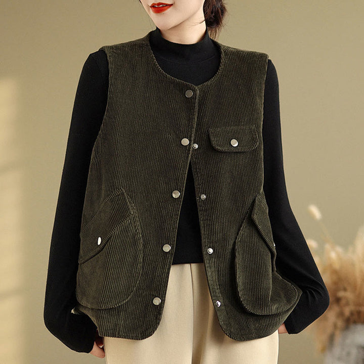 Buddha Stones Sleeveless Buttons Women's Cotton Vest Corduroy Waistcoat With Pockets - DarkOliveGreen - US14,UK/AU18,EU46 (2XL) - image 20