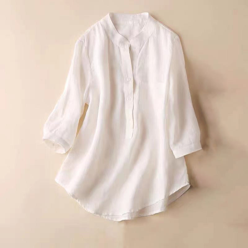 Buddha Stones Casual Women's V-neck Three Quarter Sleeve Design Plain Cotton Linen Shirt - White - US12,UK/AU16,EU44 (3XL) - image 8