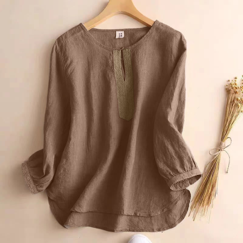 Buddha Stones Casual Plain Women's Hollow Crew Neck Design Three Quarter Sleeve Shirt - Tan - US8-10,UK/AU12-14,EU40-42 (2XL) - image 1