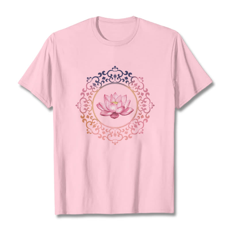 Buddha Stones Mandala Pink Lotus Pattern Tee Cotton T-shirt - LightPink - 2XL - image 12