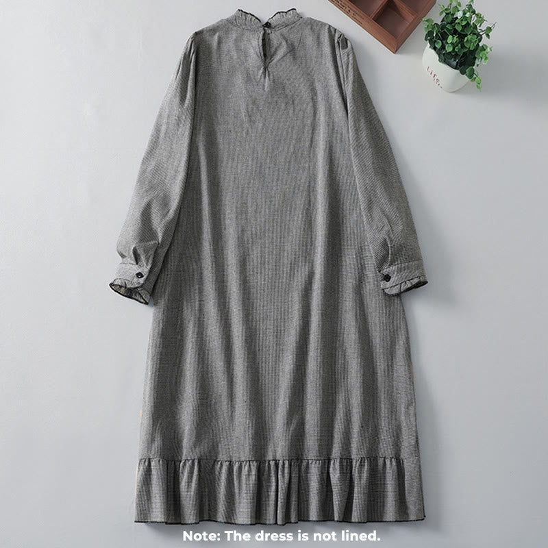 Buddha Stones Plaid Pattern Pleated Ruffled Design Long Sleeve Cotton Midi Dress With Pockets - image 1