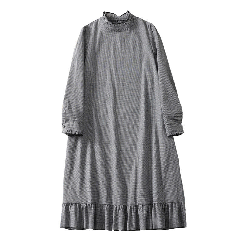 Buddha Stones Plaid Pattern Pleated Ruffled Design Long Sleeve Cotton Midi Dress With Pockets - image 9
