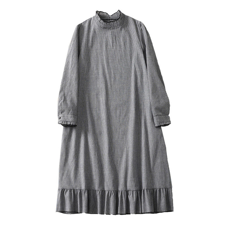 Buddha Stones Plaid Pattern Pleated Ruffled Design Long Sleeve Cotton Midi Dress With Pockets - image 9