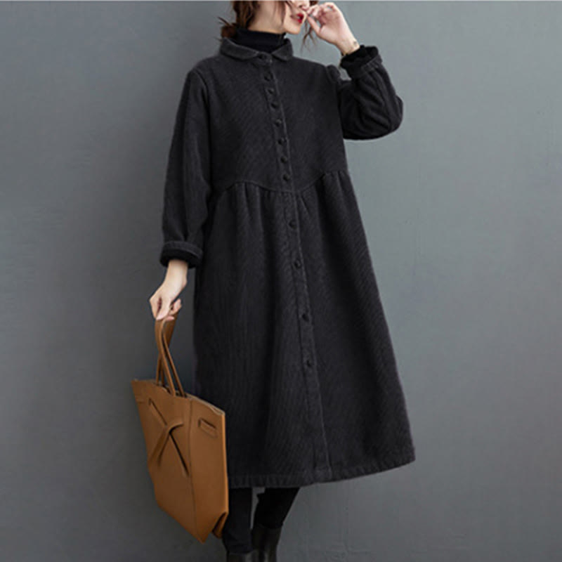 Buddha Stones Plain Buttons Long Sleeve Women's Cotton Corduroy Fleece-Lined Coat With Pockets - image 3