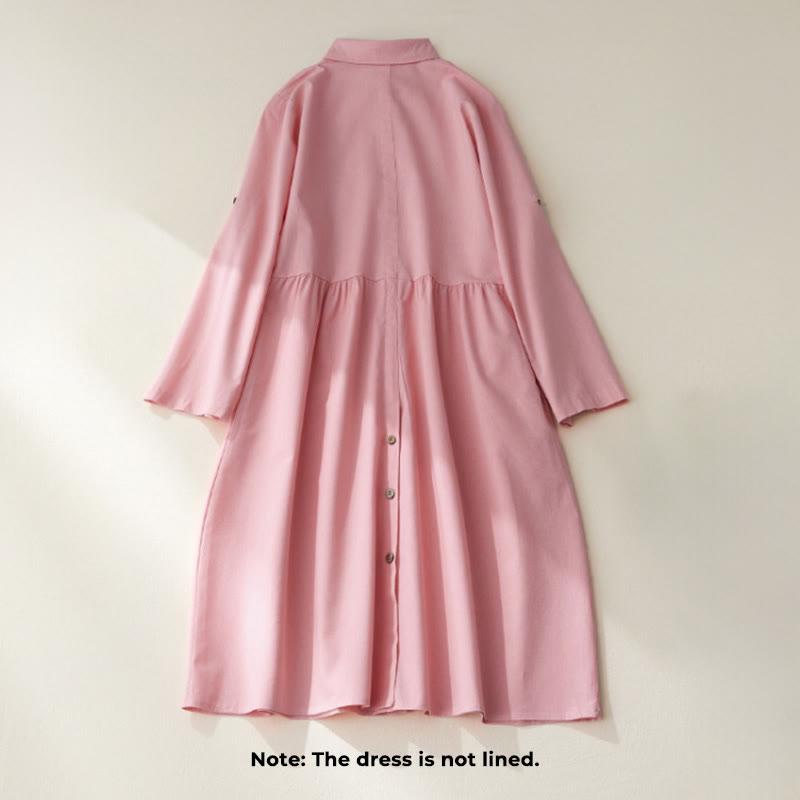 Buddha Stones Causal Commute Plain Buttons Design Long Sleeve Cotton Midi Dress With Pockets - image 12