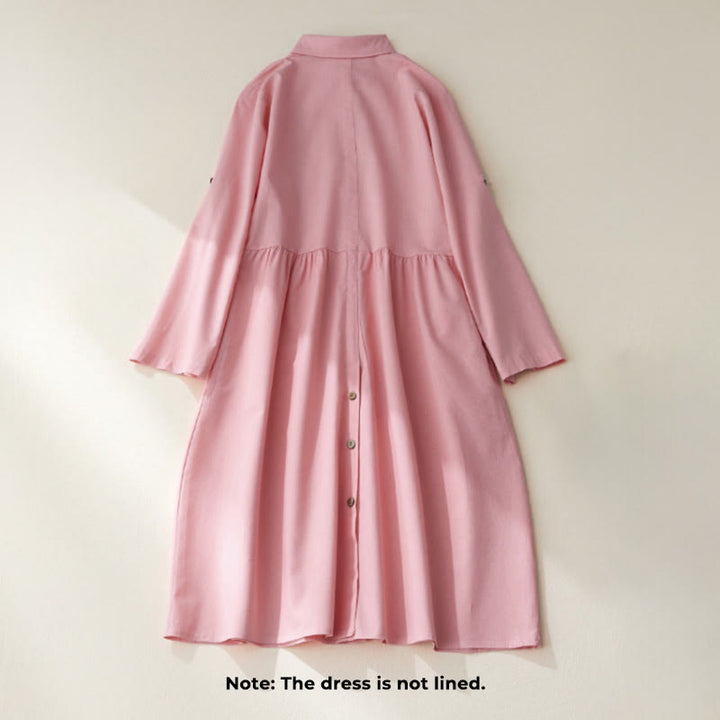 Buddha Stones Causal Commute Plain Buttons Design Long Sleeve Cotton Midi Dress With Pockets - image 12