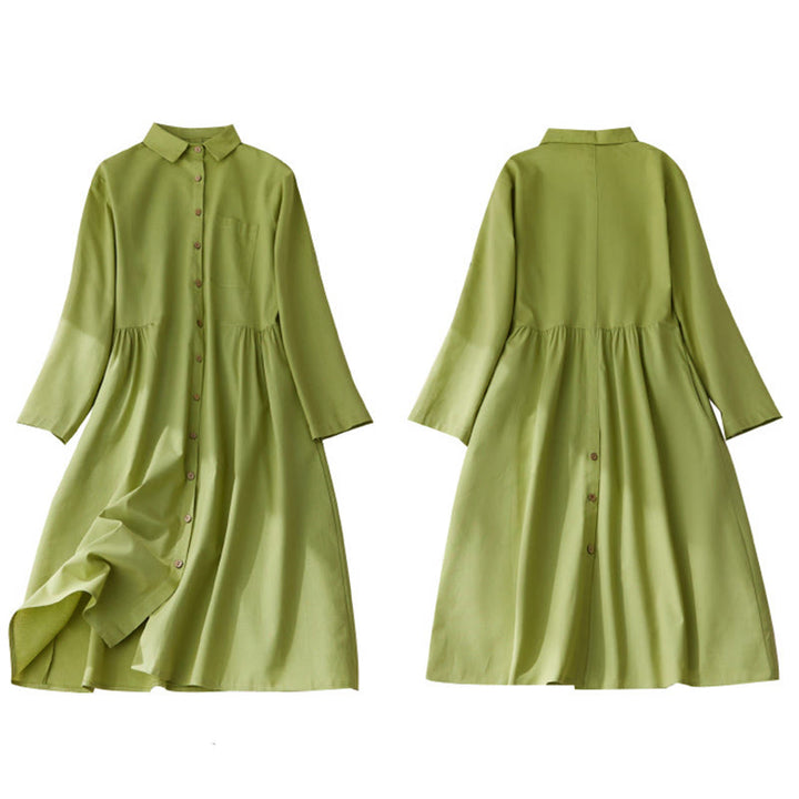 Buddha Stones Causal Commute Plain Buttons Design Long Sleeve Cotton Midi Dress With Pockets - image 10