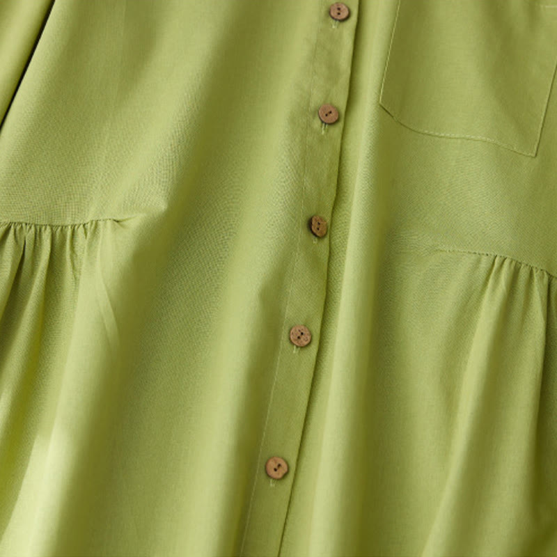 Buddha Stones Causal Commute Plain Buttons Design Long Sleeve Cotton Midi Dress With Pockets - image 3