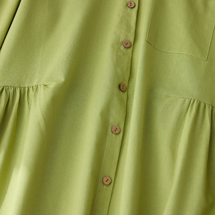 Buddha Stones Causal Commute Plain Buttons Design Long Sleeve Cotton Midi Dress With Pockets - image 3