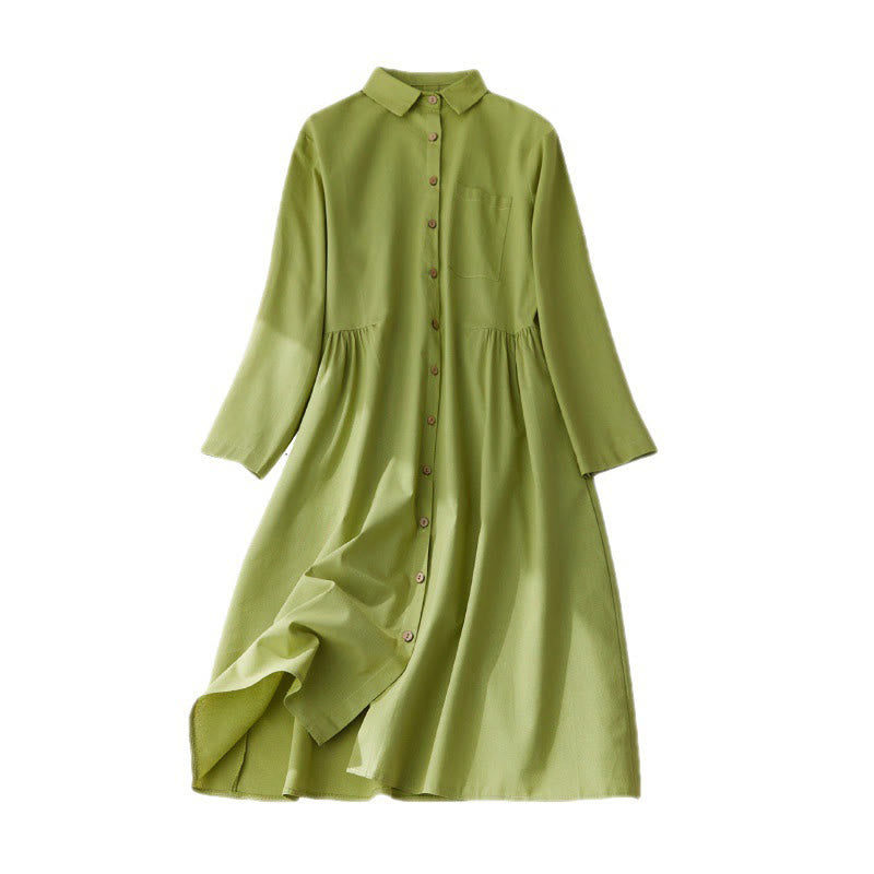 Buddha Stones Causal Commute Plain Buttons Design Long Sleeve Cotton Midi Dress With Pockets - image 9