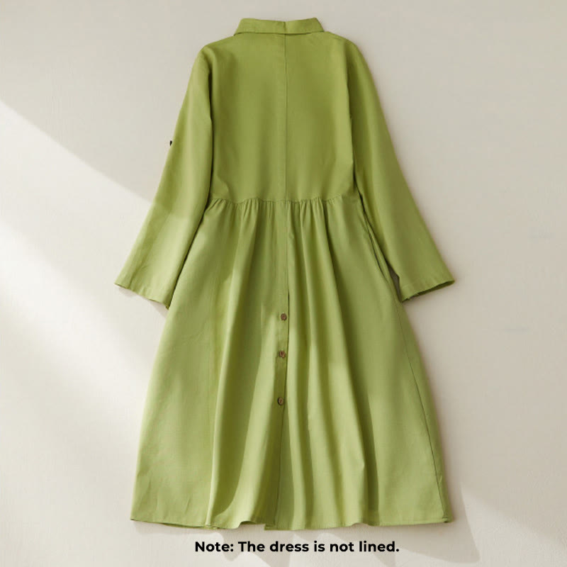Buddha Stones Causal Commute Plain Buttons Design Long Sleeve Cotton Midi Dress With Pockets - image 1