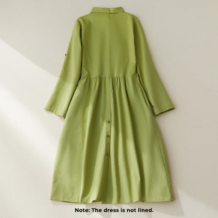 Buddha Stones Causal Commute Plain Buttons Design Long Sleeve Cotton Midi Dress With Pockets - image 1