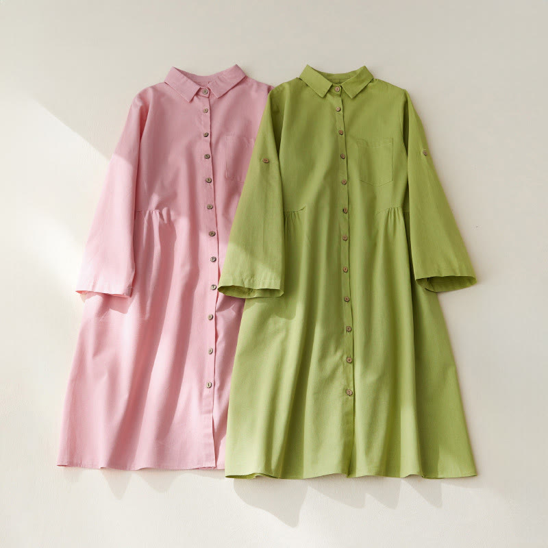 Buddha Stones Causal Commute Plain Buttons Design Long Sleeve Cotton Midi Dress With Pockets - image 14