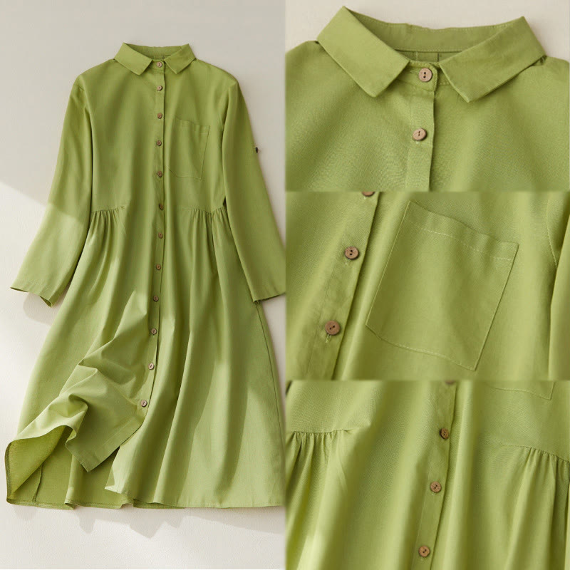 Buddha Stones Causal Commute Plain Buttons Design Long Sleeve Cotton Midi Dress With Pockets - image 8