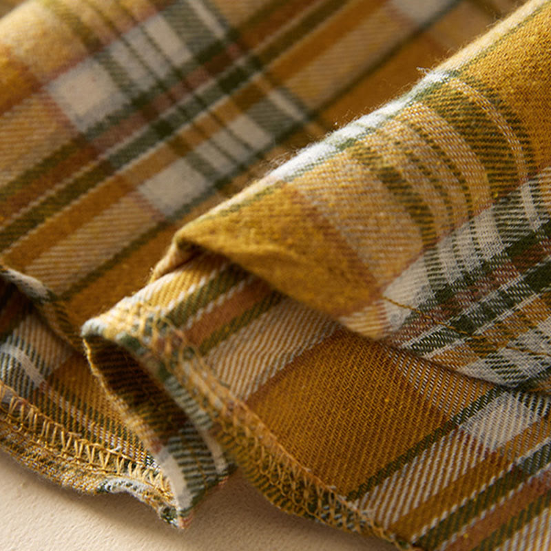 Buddha Stones Spring Color Contrast Plaid Pattern Lapel Long Sleeve Cotton Midi Dress With Pockets - image 18