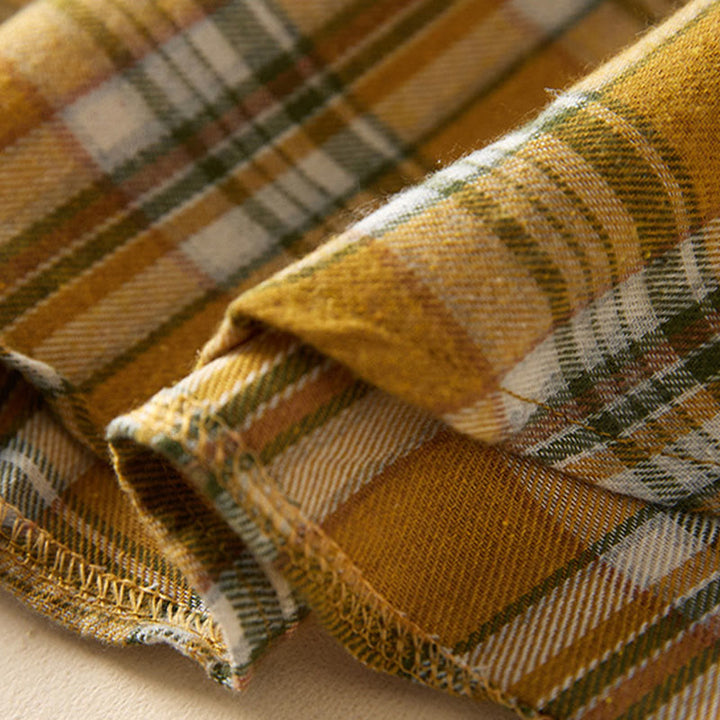 Buddha Stones Spring Color Contrast Plaid Pattern Lapel Long Sleeve Cotton Midi Dress With Pockets - image 18