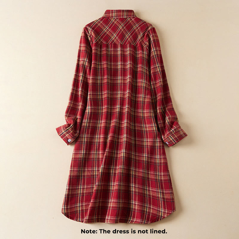 Buddha Stones Spring Color Contrast Plaid Pattern Lapel Long Sleeve Cotton Midi Dress With Pockets - image 1