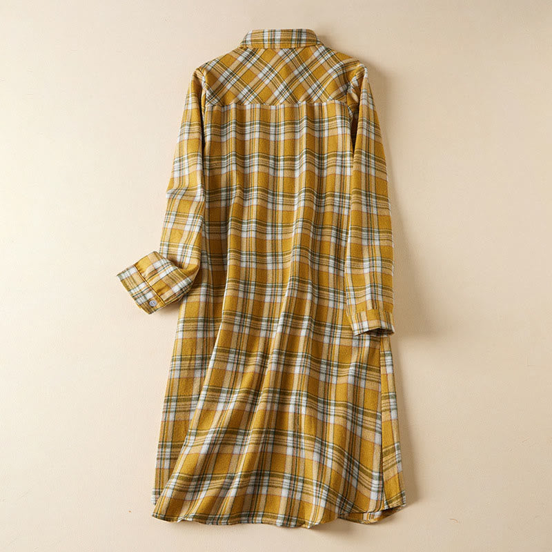 Buddha Stones Spring Color Contrast Plaid Pattern Lapel Long Sleeve Cotton Midi Dress With Pockets - Gold - US8-10,UK/AU12-14,EU40-42 (2XL) - image 10